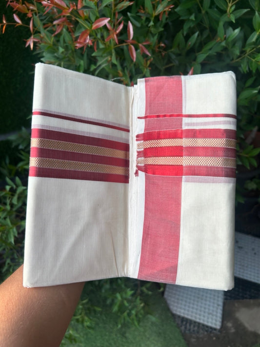 27% DISCOUNT!! KaithariKada HANDLOOM millpaav Balaramapuram - 100% PURE Cotton OFF White - (Unbleached) Double Mundu/Dothi - 2 inch Red colour kasavu  & Gold Kasavu Striped kara - 9KK5162RAM