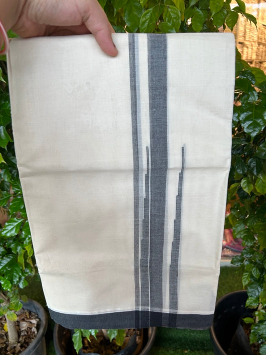 20% DISCOUNT! KaithariKada Balaramapuram 100% Cotton OFF WHITE Double (Unbleached) Mundu/Dhoti-100x80 - 1.75 inch Puliyilakkara Black shaded Big Chutty kara 4 mtr (8.5 muzham) - 129KK5220 THI