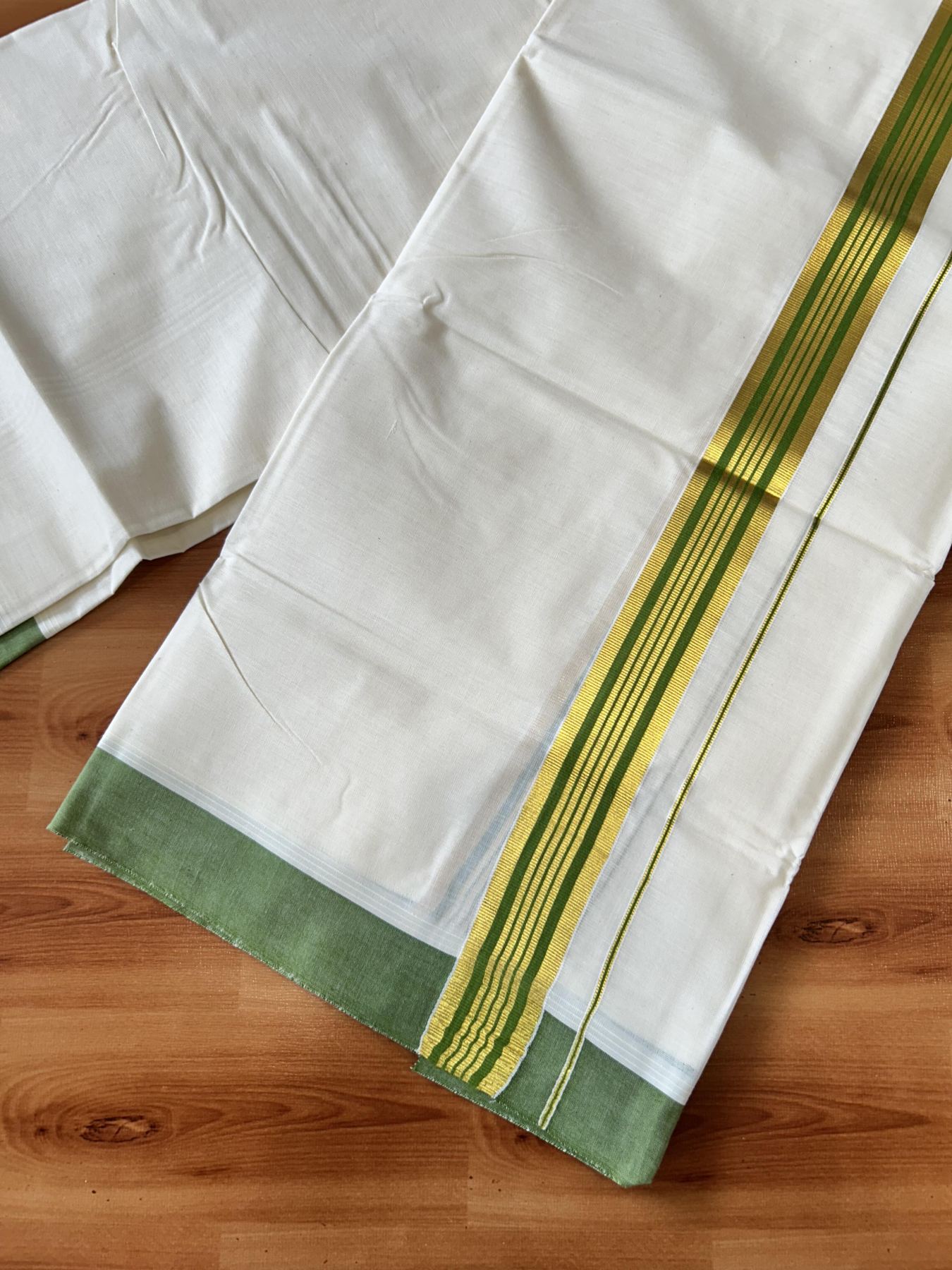 Double Off white - (Unbleached) - Mundu/Dhoti- 20% Discount! KaithariKada 100% Cotton - 100x80 - 1.5 inch Gold Kasav & Apple Green Stripes Kara 4 mtr (8.5 muzham) - 3 KK5440 VIN