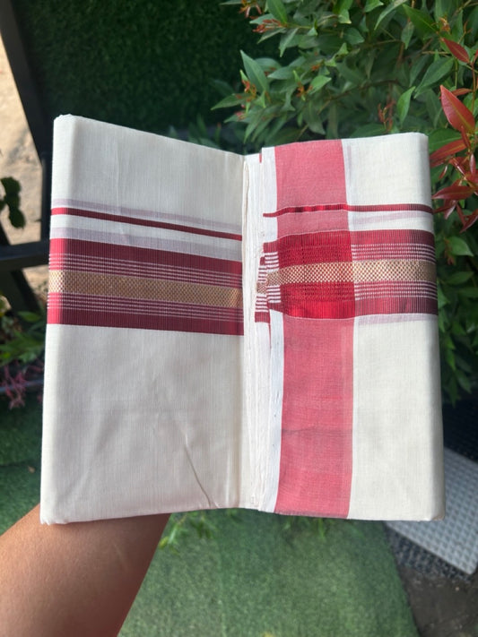 27% DISCOUNT!! KaithariKada HANDLOOM millpaav Balaramapuram - 100% PURE Cotton OFF White - (Unbleached) Double Mundu/Dothi - 2 inch Red colour kasavu  & Gold Kasavu Striped kara - 10KK5162RAM