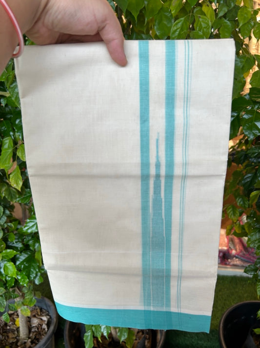 20% DISCOUNT! KaithariKada Balaramapuram 100% Cotton OFF WHITE Double (Unbleached) Mundu/Dhoti-100x80 - 1.75 inch Puliyilakkara Turquoise Blue shaded Temple Chutty kara 4 mtr (8.5 muzham) - 130KK5220 THI