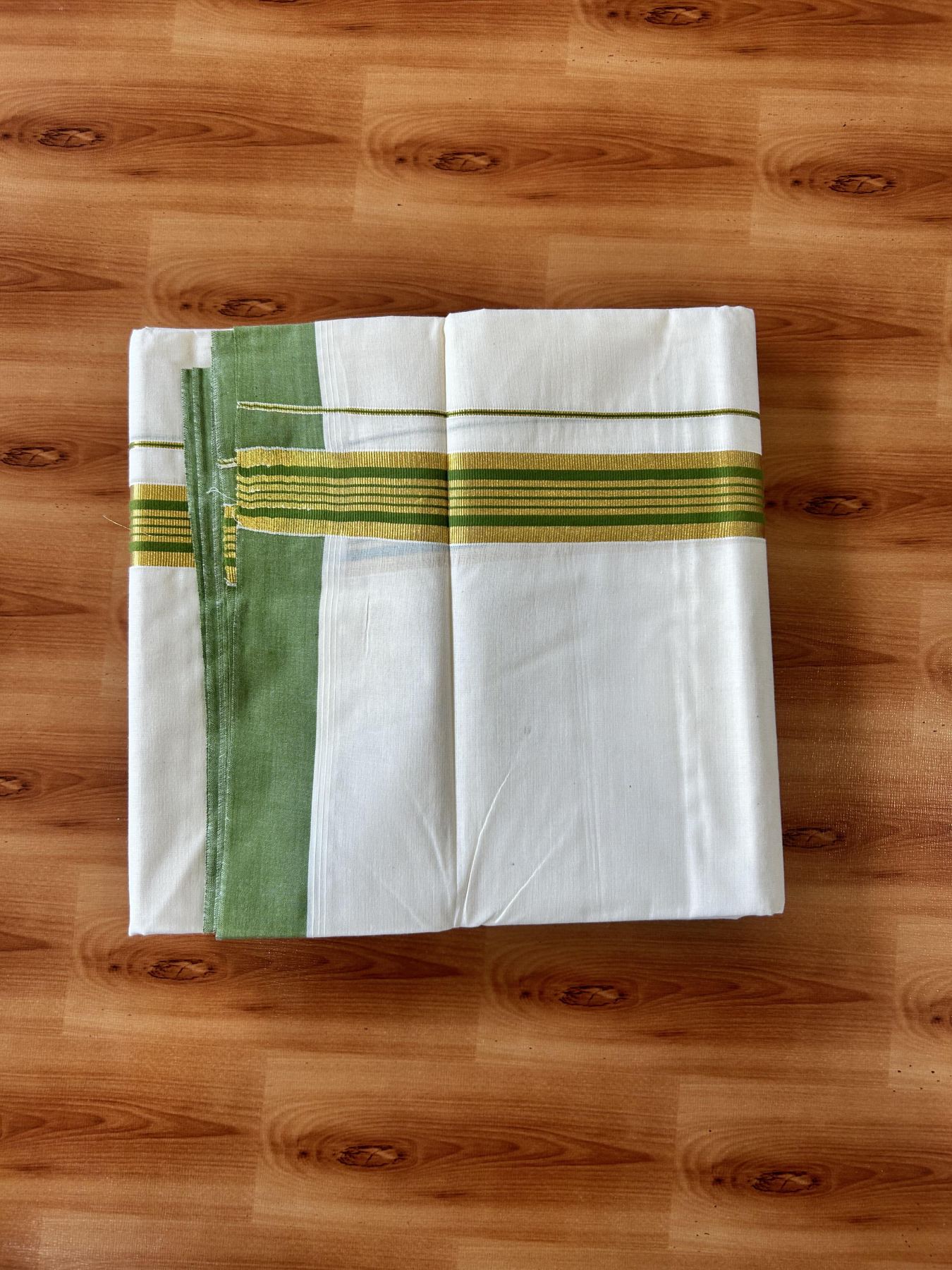 Double Off white - (Unbleached) - Mundu/Dhoti- 20% Discount! KaithariKada 100% Cotton - 100x80 - 1.5 inch Gold Kasav & Apple Green Stripes Kara 4 mtr (8.5 muzham) - 3 KK5440 VIN
