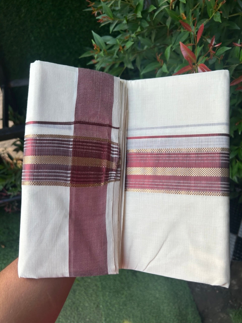 27% DISCOUNT!! KaithariKada HANDLOOM millpaav Balaramapuram - 100% PURE Cotton OFF White - (Unbleached) Double Mundu/Dothi - 2.25 inch Maroon colour kasavu  & Gold Kasavu Striped kara - 11KK5162RAM