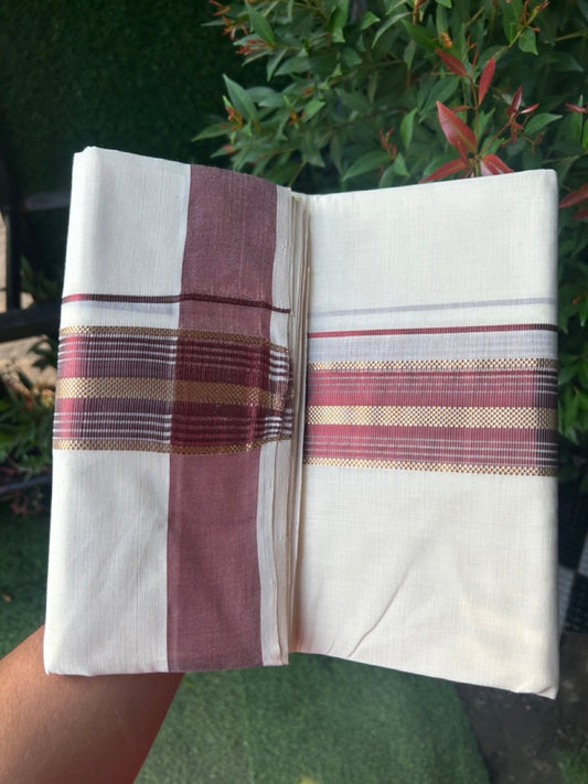 27% DISCOUNT!! KaithariKada HANDLOOM millpaav Balaramapuram - 100% PURE Cotton OFF White - (Unbleached) Double Mundu/Dothi - 2.25 inch Maroon colour kasavu  & Gold Kasavu Striped kara - 11KK5162RAM