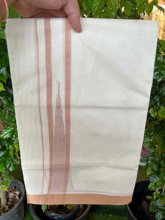 20% DISCOUNT! KaithariKada Balaramapuram 100% Cotton OFF WHITE Double (Unbleached) Mundu/Dhoti-100x80 - 1.75 inch Puliyilakkara Sand Brown shaded Temple Chutty kara 4 mtr (8.5 muzham) - 123KK5220 THI