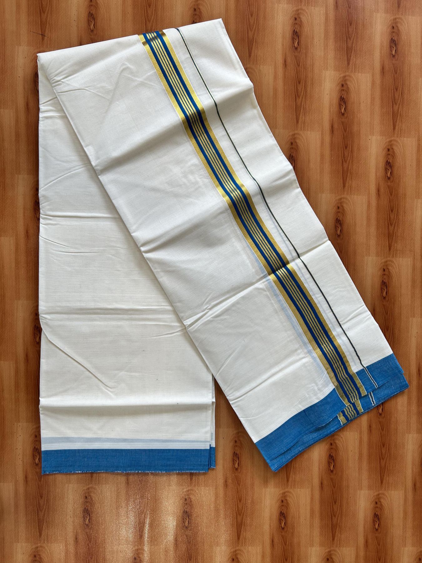 Double Off white - (Unbleached) - Mundu/Dhoti- 20% Discount! KaithariKada 100% Cotton - 100x80 - 1.5 inch Gold Kasav & Peacock Blue Stripes Kara 4 mtr (8.5 muzham) - 2 KK5440 VIN
