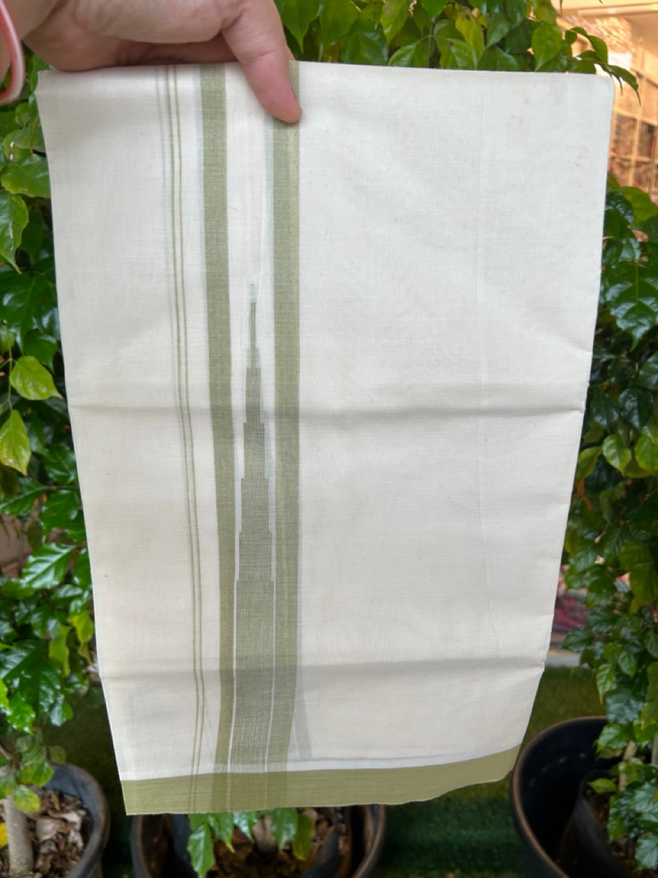 20% DISCOUNT! KaithariKada Balaramapuram 100% Cotton OFF WHITE Double (Unbleached) Mundu/Dhoti-100x80 - 1.75 inch Puliyilakkara Sage Green shaded Temple Chutty kara 4 mtr (8.5 muzham) - 127KK5220 THI
