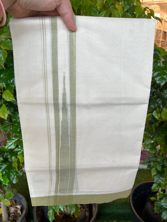 20% DISCOUNT! KaithariKada Balaramapuram 100% Cotton OFF WHITE Double (Unbleached) Mundu/Dhoti-100x80 - 1.75 inch Puliyilakkara Sage Green shaded Temple Chutty kara 4 mtr (8.5 muzham) - 127KK5220 THI