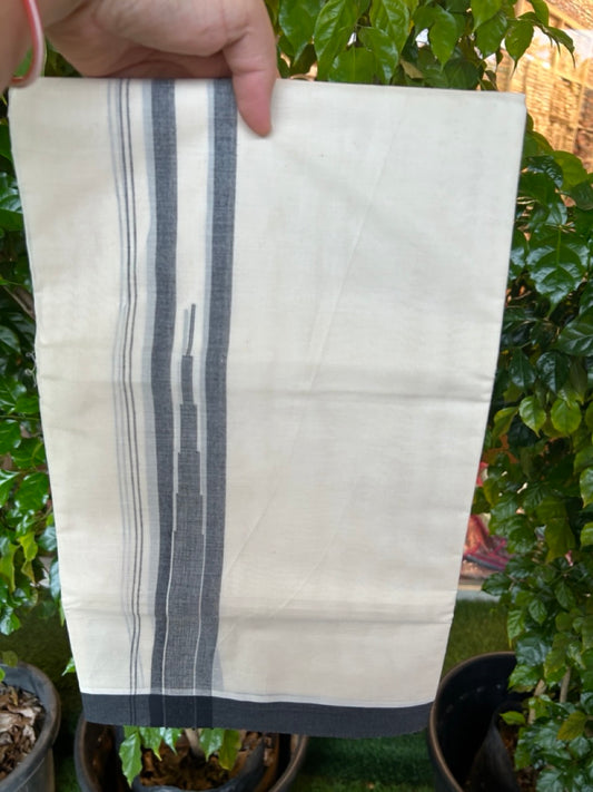 20% DISCOUNT! KaithariKada Balaramapuram 100% Cotton OFF WHITE Double (Unbleached) Mundu/Dhoti-100x80 - 1.5 inch Puliyilakkara Black shaded Temple Chutty kara 4 mtr (8.5 muzham) - 126KK5220 THI