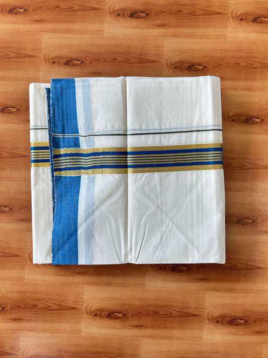 Double Off white - (Unbleached) - Mundu/Dhoti- 20% Discount! KaithariKada 100% Cotton - 100x80 - 1.5 inch Gold Kasav & Peacock Blue Stripes Kara 4 mtr (8.5 muzham) - 2 KK5440 VIN
