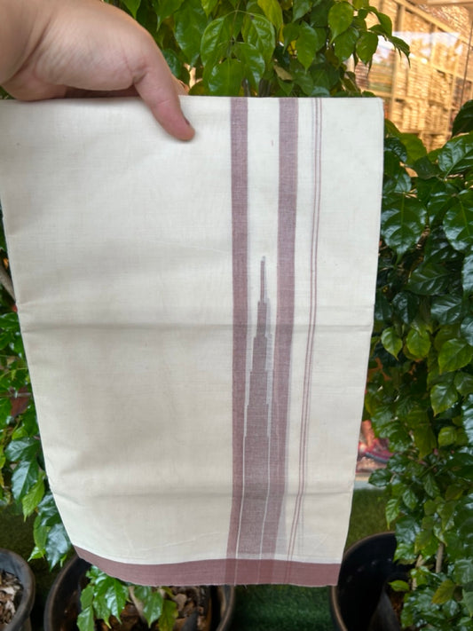 20% DISCOUNT! KaithariKada Balaramapuram 100% Cotton OFF WHITE Double (Unbleached) Mundu/Dhoti-100x80 - 1.75 inch Puliyilakkara Dusty Ranch Brown shaded Temple Chutty kara 4 mtr (8.5 muzham) - 125KK5220 THI