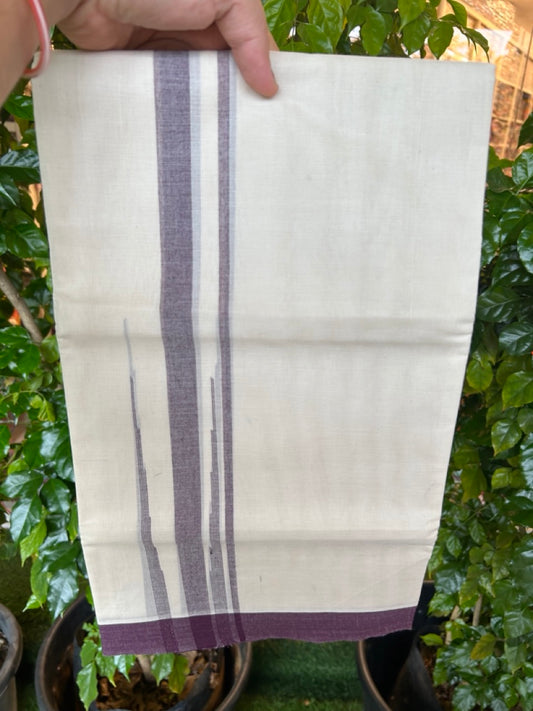 20% DISCOUNT! KaithariKada Balaramapuram 100% Cotton OFF WHITE Double (Unbleached) Mundu/Dhoti-100x80 - 1.75 inch Puliyilakkara Wine Purple shaded Big Chutty kara 4 mtr (8.5 muzham) - 132KK5220 THI