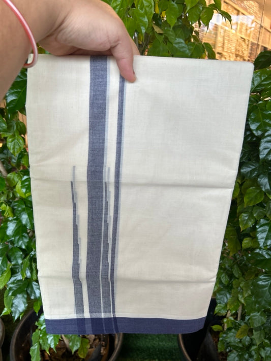 20% DISCOUNT! KaithariKada Balaramapuram 100% Cotton OFF WHITE Double (Unbleached) Mundu/Dhoti-100x80 - 1.75 inch Puliyilakkara Navy Blue shaded Big Chutty kara 4 mtr (8.5 muzham) - 136KK5220 THI