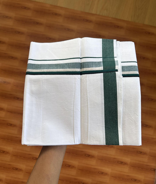 Single Mundu/Dhoti  - Pure White - 29% Discount !! KaithariKada Balaramapuram 100% Cotton - Twisted 60s Thread -1 Inch Silver Kasav & Black & Green Shaded Kara (2 meter / 4 muzham) - 29 KK5393 GL