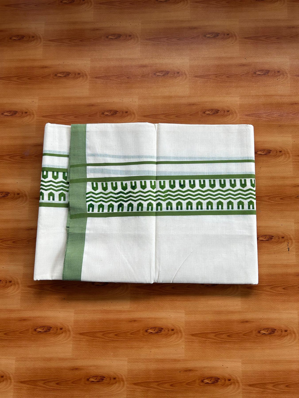 Double Off White (Unbleached) Mundu/Dhoti - 20% Discount! KaithariKada Pulimood 100% Cotton 80x72 - 2.5 inch Parrot Green Printed Design Kara - 4 mtr (8.5 muzham) - 39 KK5553 STH