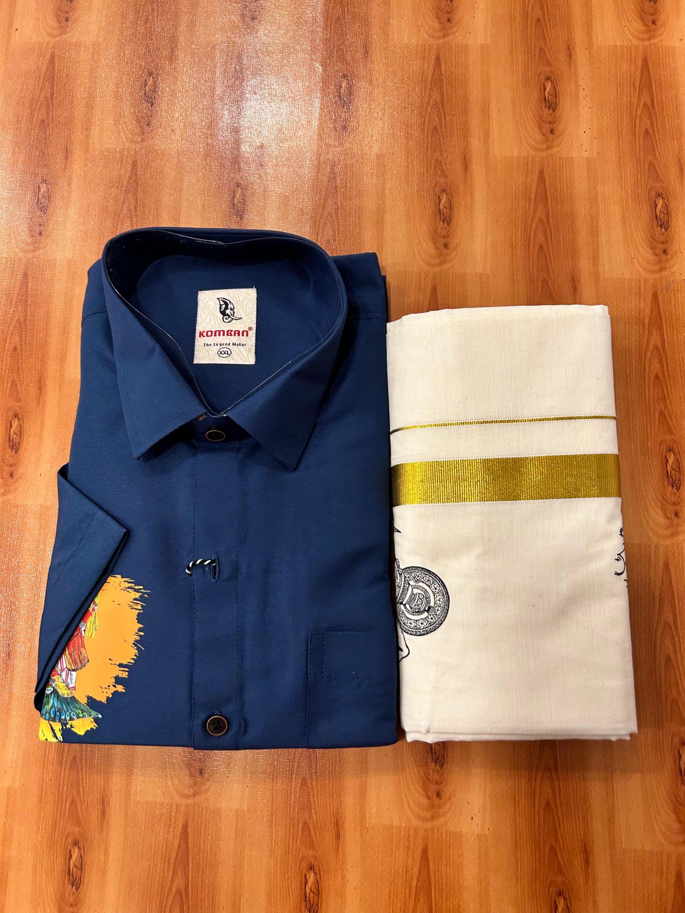Combo Shirt Mund Mixed cotton - Half Sleeve - KaithariKada - 1 inch Gold Kasav Kara & Kathakali Printed Blue Shirt - 12 KK7052 KUT