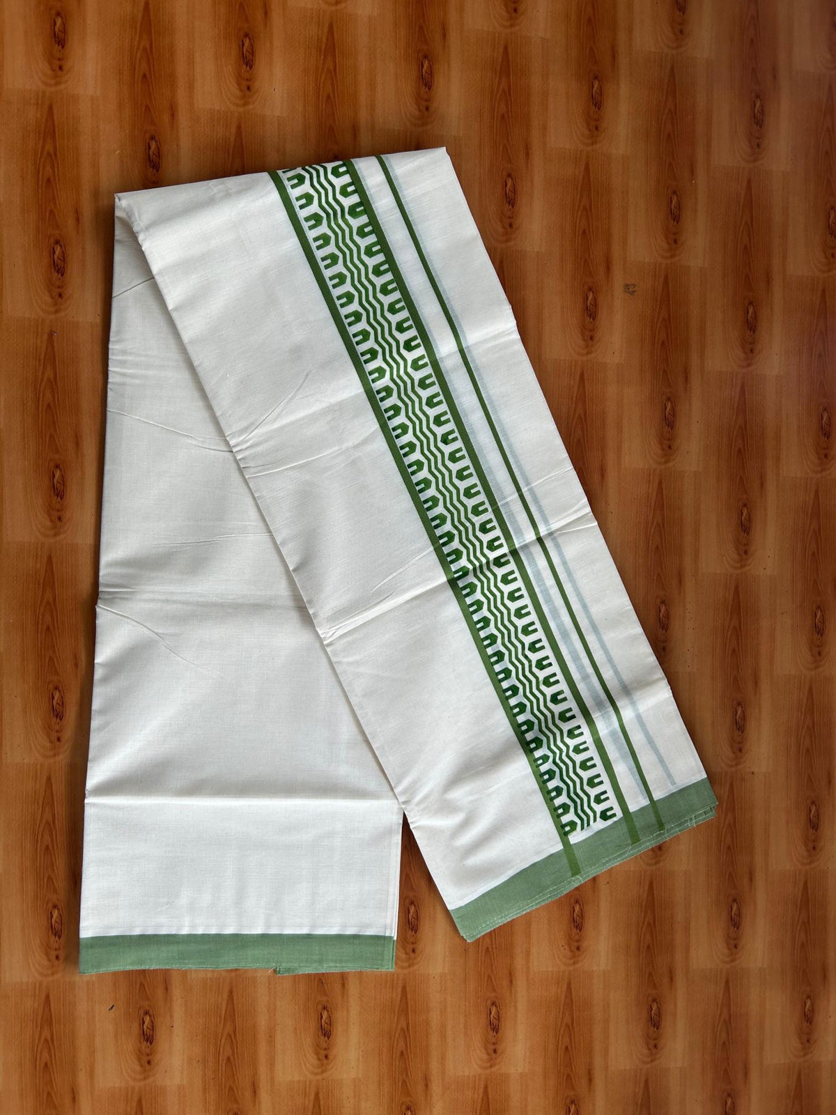 Double Off White (Unbleached) Mundu/Dhoti - 20% Discount! KaithariKada Pulimood 100% Cotton 80x72 - 2.5 inch Parrot Green Printed Design Kara - 4 mtr (8.5 muzham) - 39 KK5553 STH