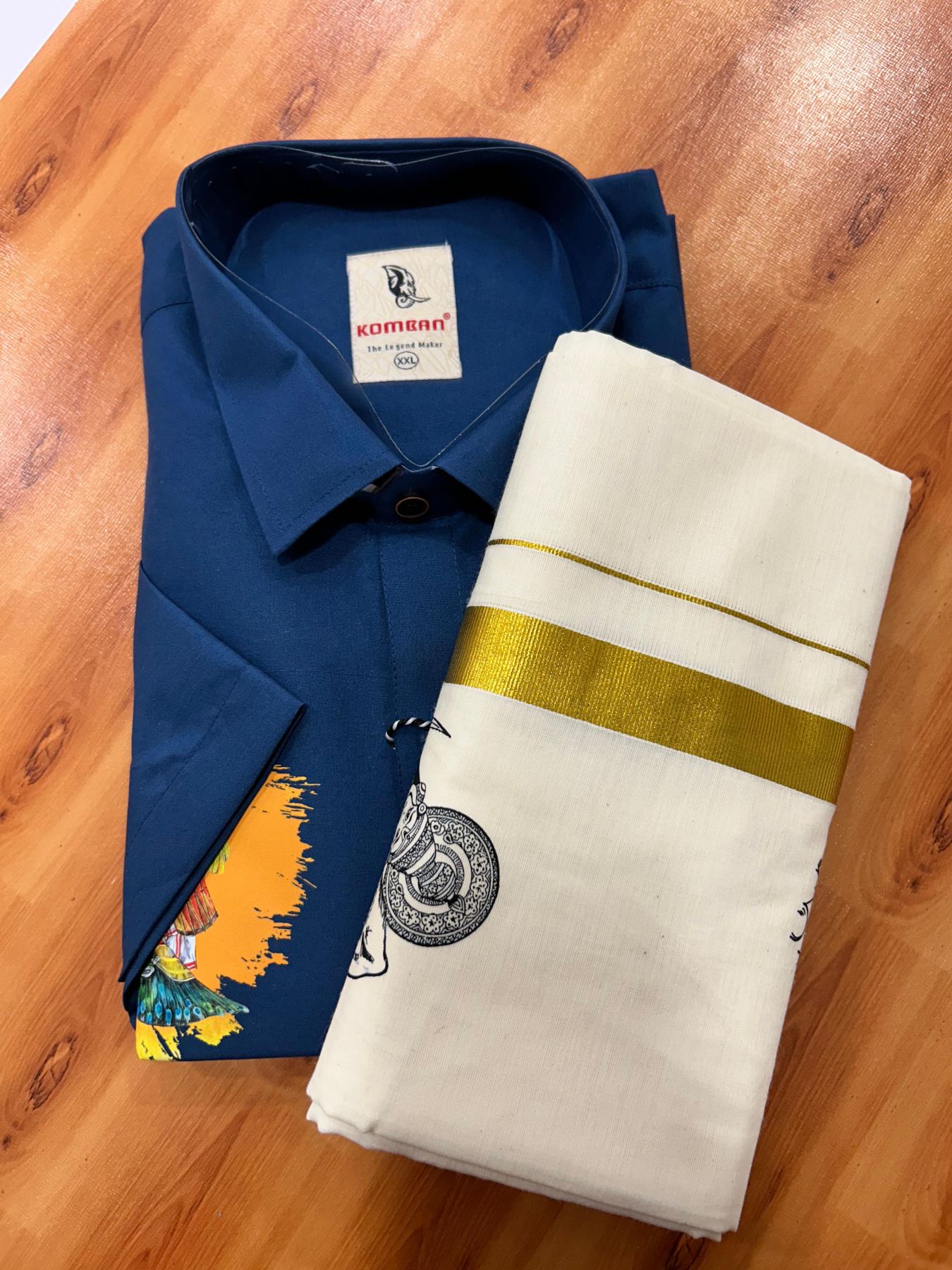 Combo Shirt Mund Mixed cotton - Half Sleeve - KaithariKada - 1 inch Gold Kasav Kara & Kathakali Printed Blue Shirt - 12 KK7052 KUT