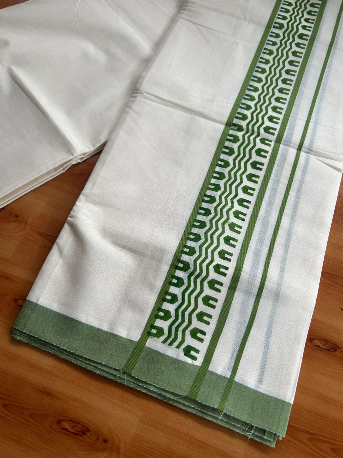 Double Off White (Unbleached) Mundu/Dhoti - 20% Discount! KaithariKada Pulimood 100% Cotton 80x72 - 2.5 inch Parrot Green Printed Design Kara - 4 mtr (8.5 muzham) - 39 KK5553 STH