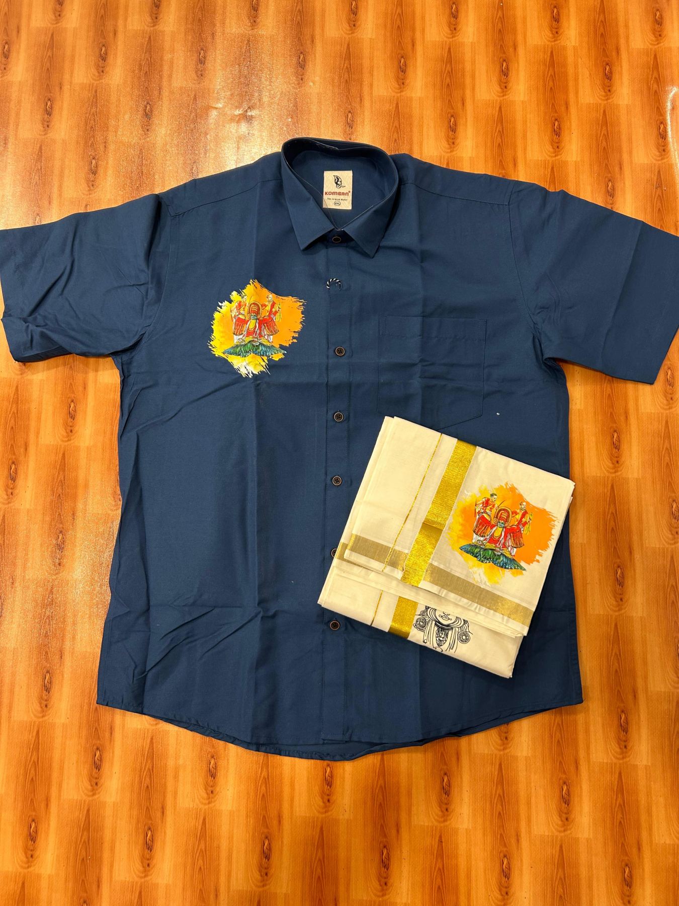 Combo Shirt Mund Mixed cotton - Half Sleeve - KaithariKada - 1 inch Gold Kasav Kara & Kathakali Printed Blue Shirt - 12 KK7052 KUT