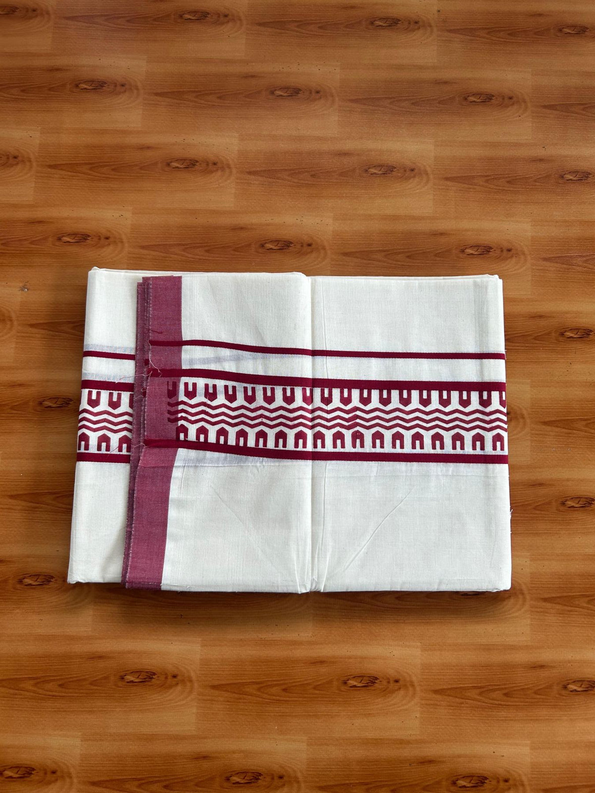Double Off White (Unbleached) Mundu/Dhoti - 20% Discount! KaithariKada Pulimood 100% Cotton 80x72 - 2.5 inch Maroon Printed Design Kara - 4 mtr (8.5 muzham) - 40 KK5553 STH