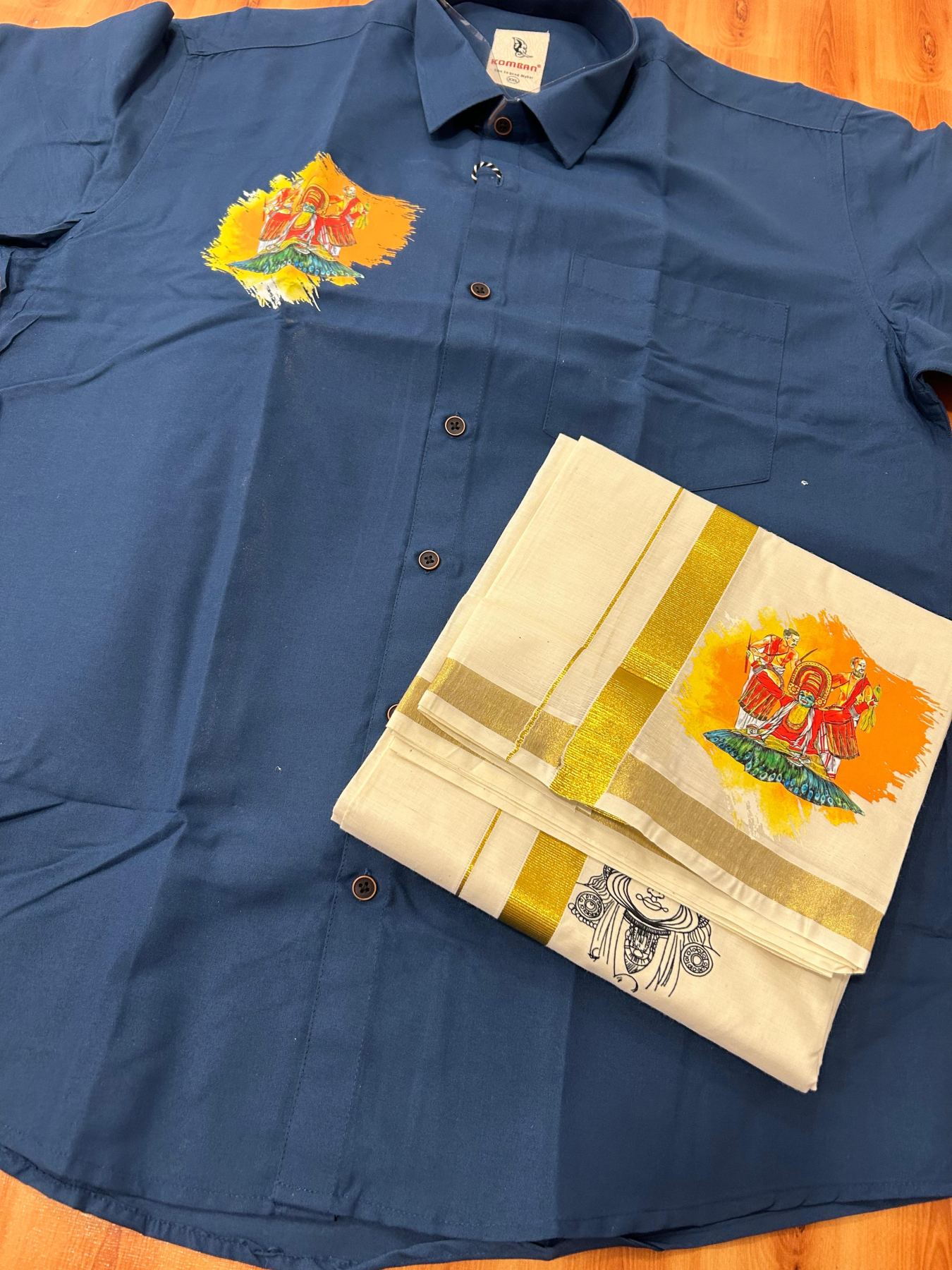Combo Shirt Mund Mixed cotton - Half Sleeve - KaithariKada - 1 inch Gold Kasav Kara & Kathakali Printed Blue Shirt - 12 KK7052 KUT
