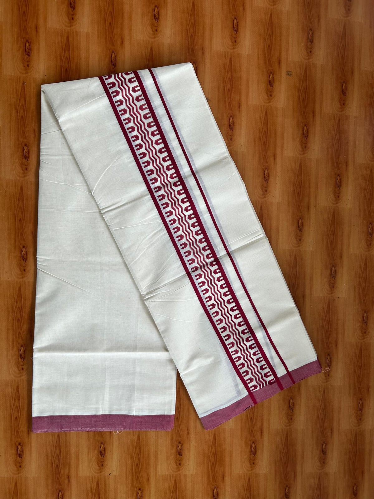 Double Off White (Unbleached) Mundu/Dhoti - 20% Discount! KaithariKada Pulimood 100% Cotton 80x72 - 2.5 inch Maroon Printed Design Kara - 4 mtr (8.5 muzham) - 40 KK5553 STH