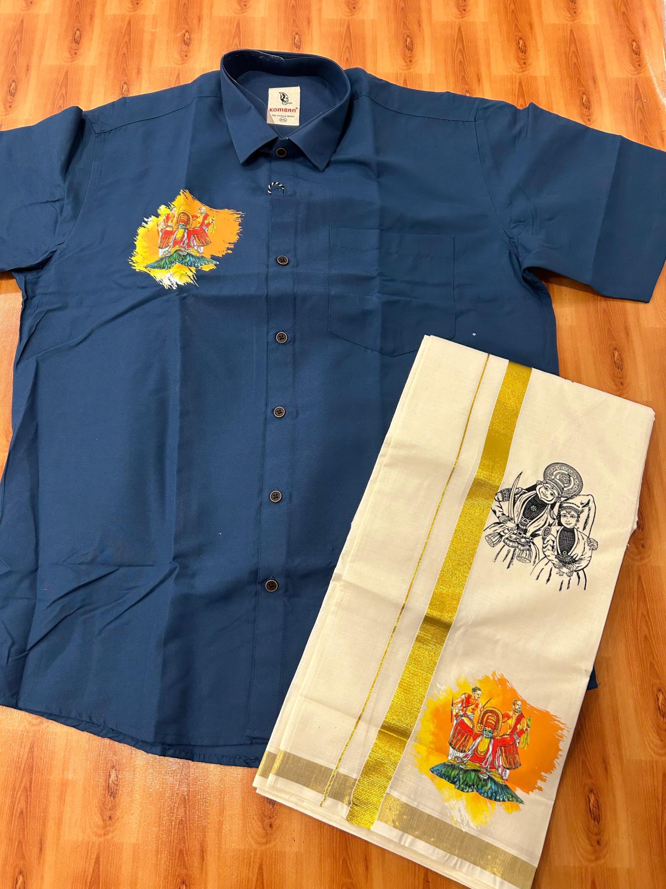 Combo Shirt Mund Mixed cotton - Half Sleeve - KaithariKada - 1 inch Gold Kasav Kara & Kathakali Printed Blue Shirt - 12 KK7052 KUT