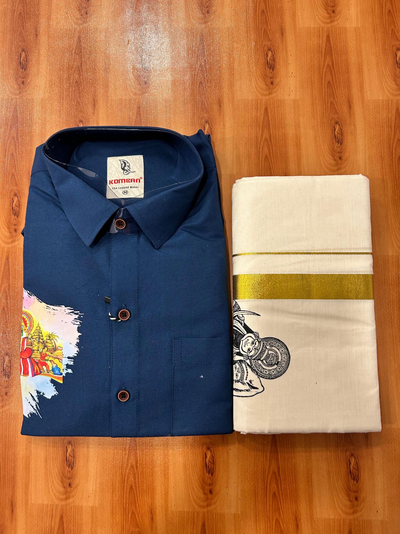 Combo Shirt Mund Mixed cotton - Full Sleeve - KaithariKada - 1 inch Gold Kasav Kara & Kathakali Printed Blue Shirt - 3 KK7052 KUT