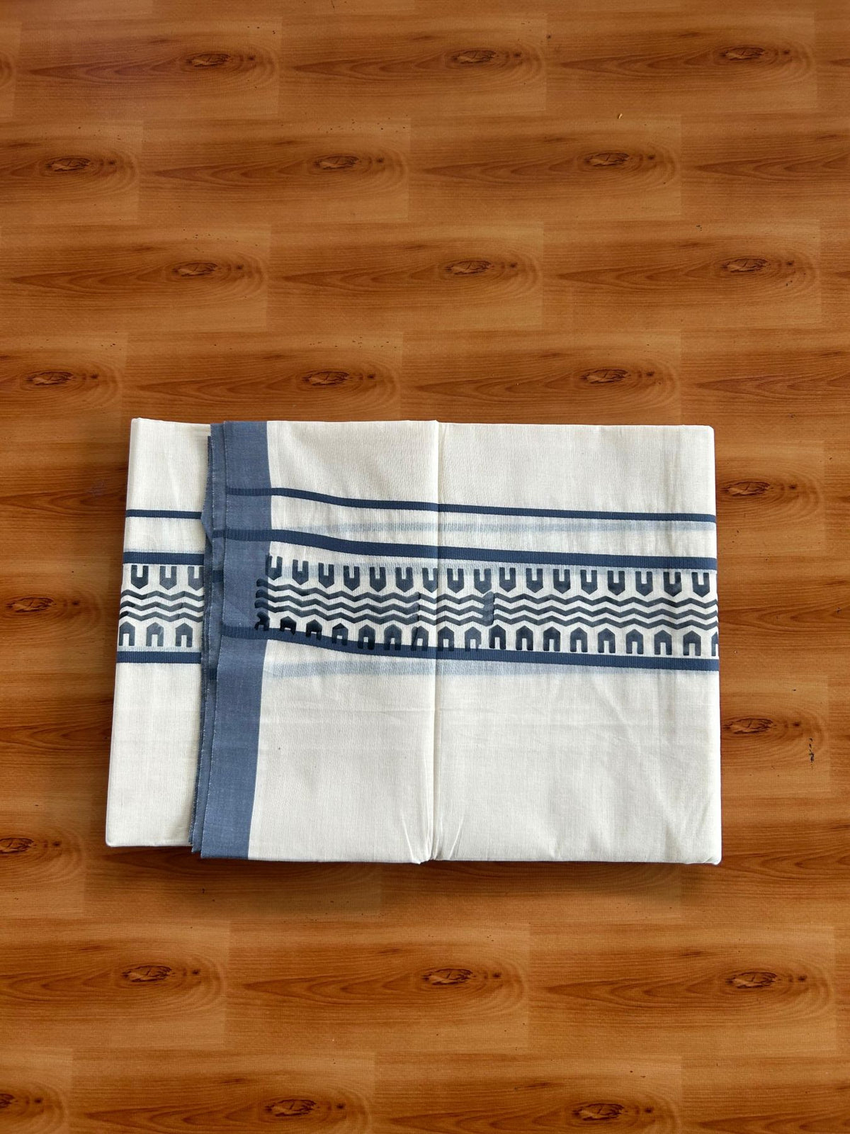 Double Off White (Unbleached) Mundu/Dhoti - 20% Discount! KaithariKada Pulimood 100% Cotton 80x72 - 2.5 inch Ash Blue Printed Design Kara - 4 mtr (8.5 muzham) - 41 KK5553 STH