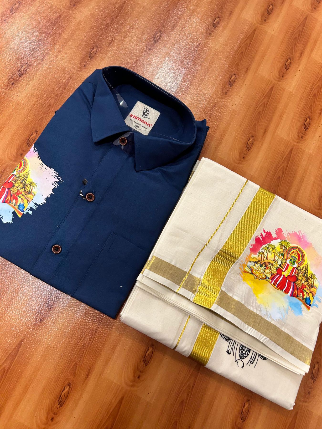 Combo Shirt Mund Mixed cotton - Full Sleeve - KaithariKada - 1 inch Gold Kasav Kara & Kathakali Printed Blue Shirt - 3 KK7052 KUT