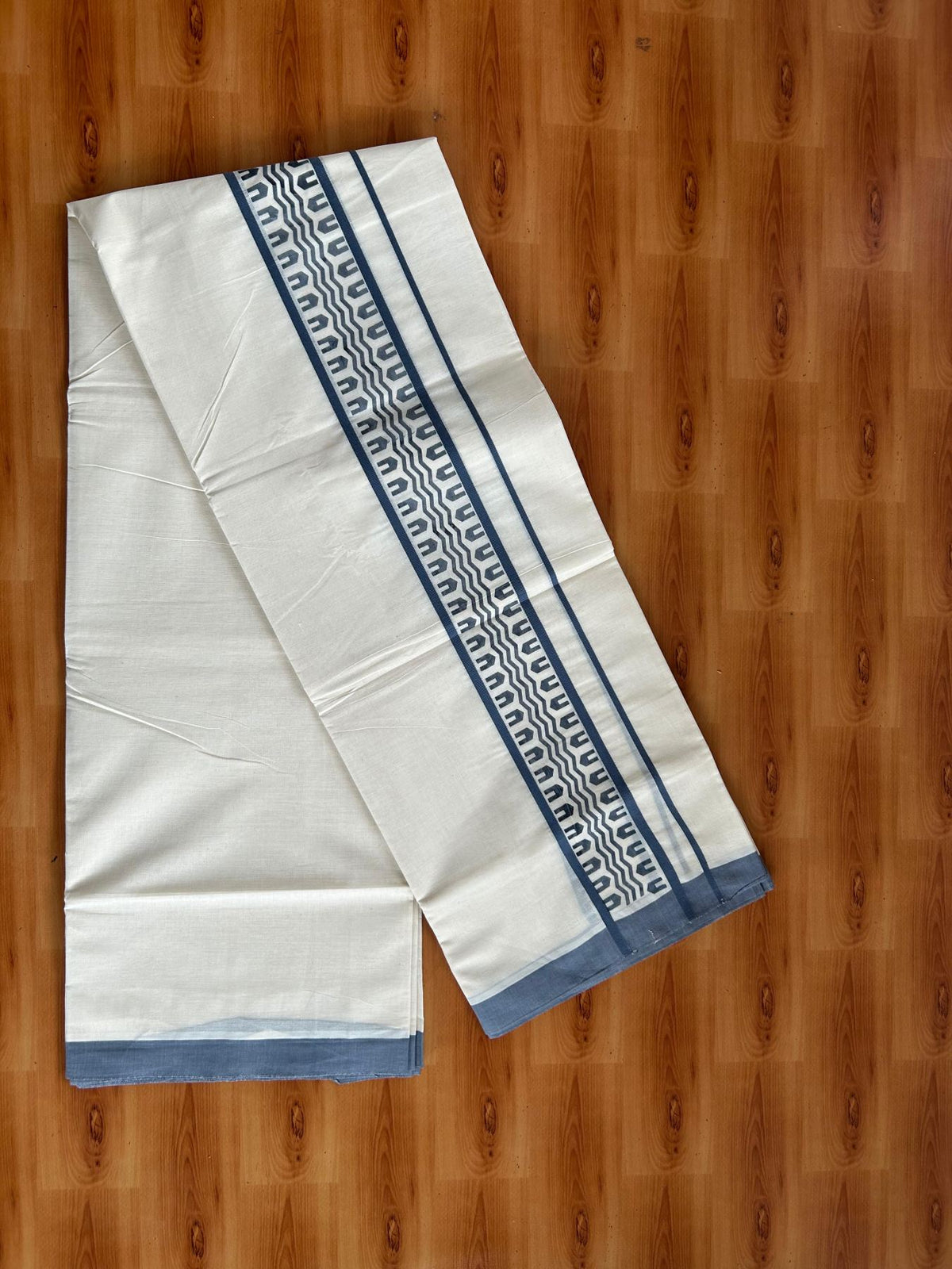 Double Off White (Unbleached) Mundu/Dhoti - 20% Discount! KaithariKada Pulimood 100% Cotton 80x72 - 2.5 inch Ash Blue Printed Design Kara - 4 mtr (8.5 muzham) - 41 KK5553 STH
