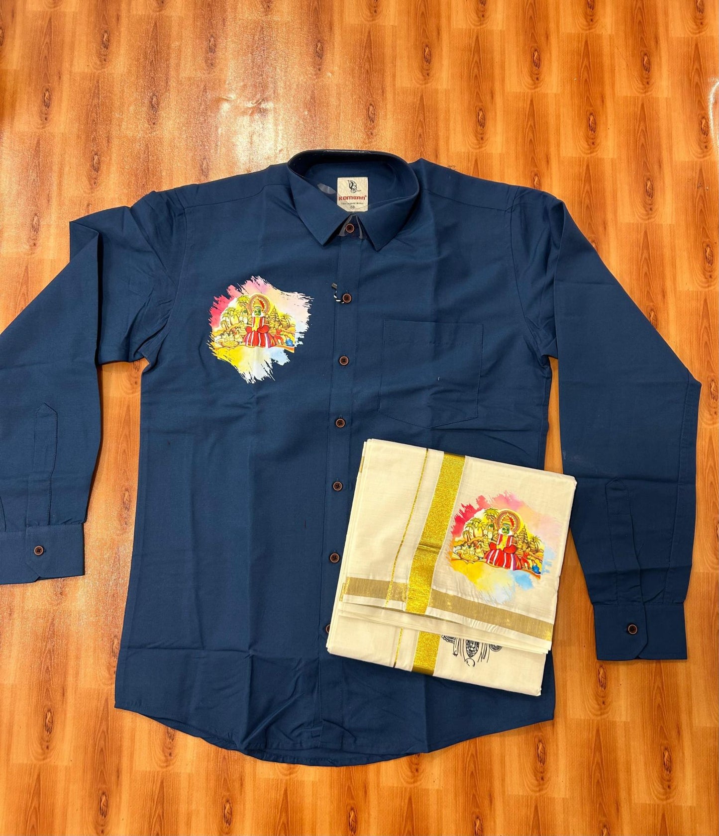 Combo Shirt Mund Mixed cotton - Full Sleeve - KaithariKada - 1 inch Gold Kasav Kara & Kathakali Printed Blue Shirt - 3 KK7052 KUT