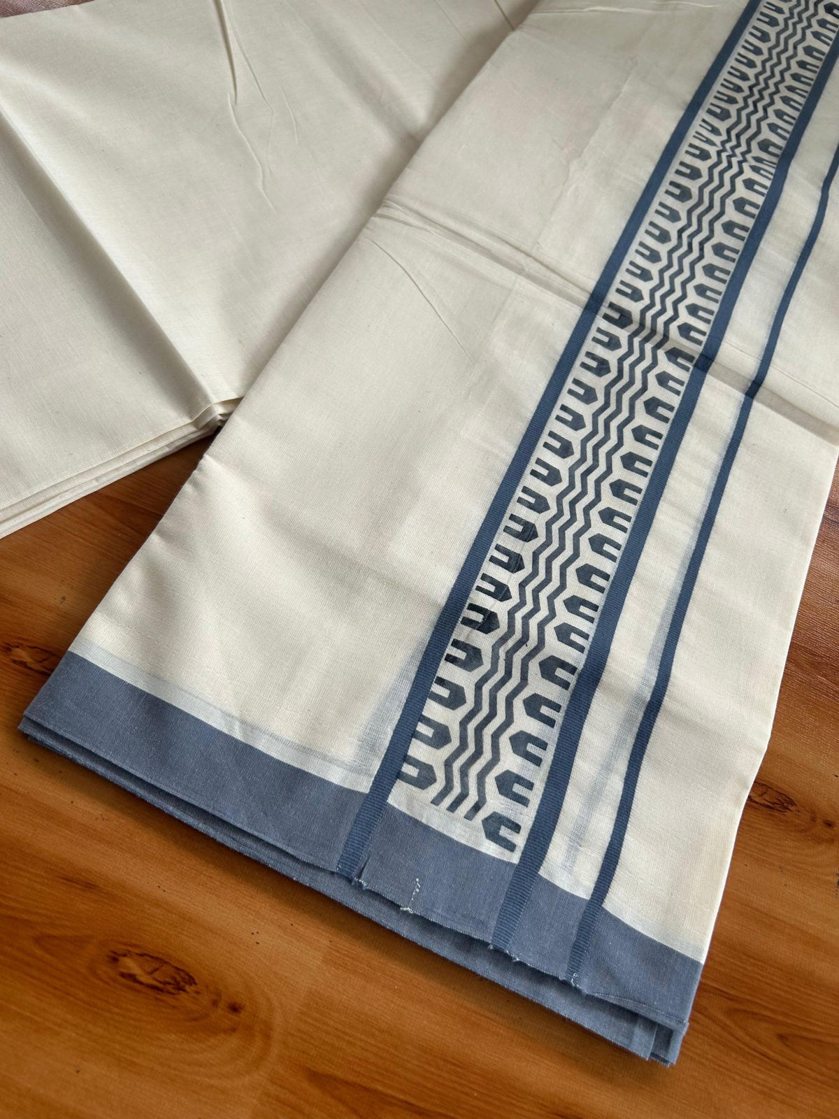 Double Off White (Unbleached) Mundu/Dhoti - 20% Discount! KaithariKada Pulimood 100% Cotton 80x72 - 2.5 inch Ash Blue Printed Design Kara - 4 mtr (8.5 muzham) - 41 KK5553 STH