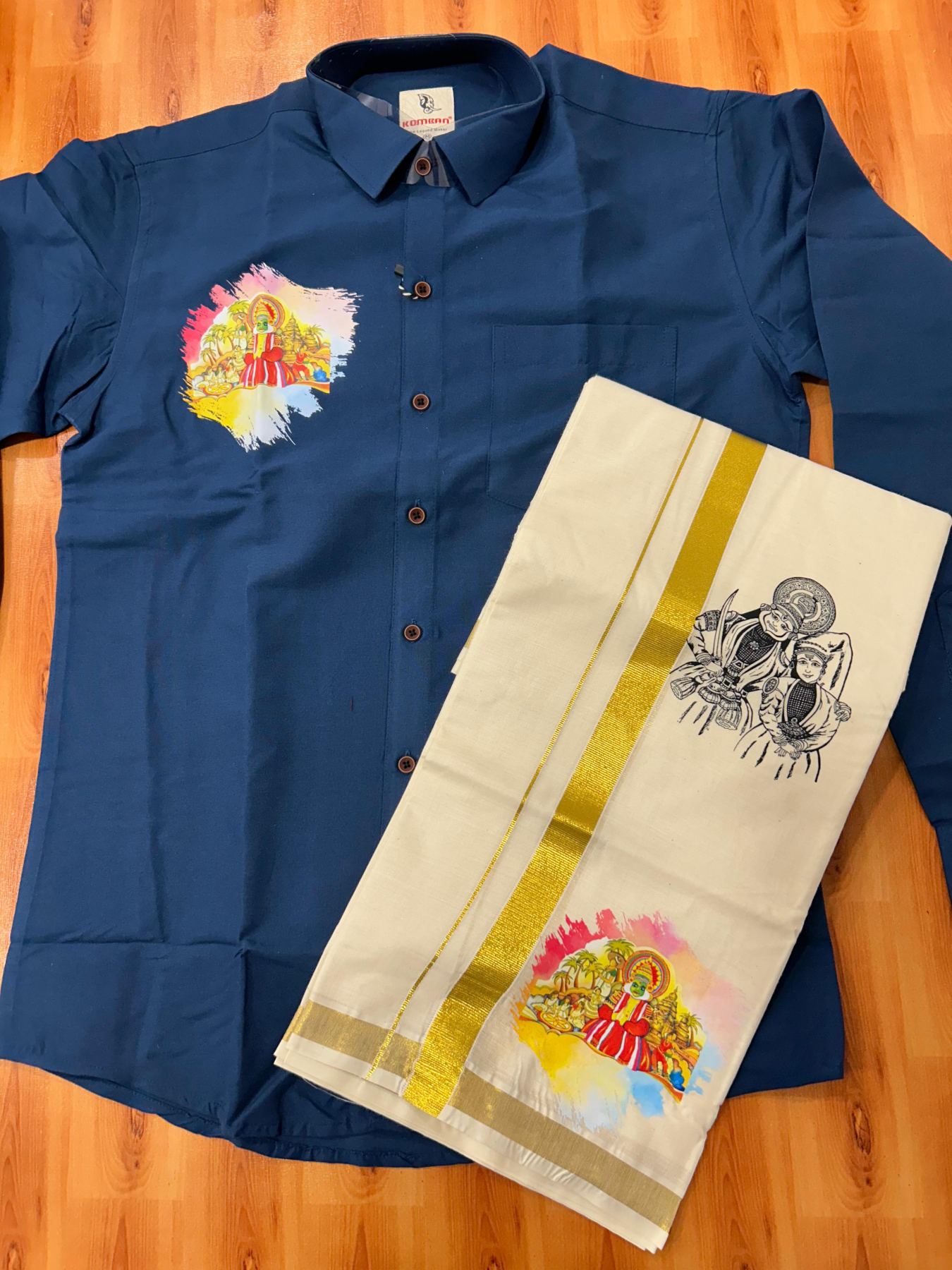 Combo Shirt Mund Mixed cotton - Full Sleeve - KaithariKada - 1 inch Gold Kasav Kara & Kathakali Printed Blue Shirt - 3 KK7052 KUT