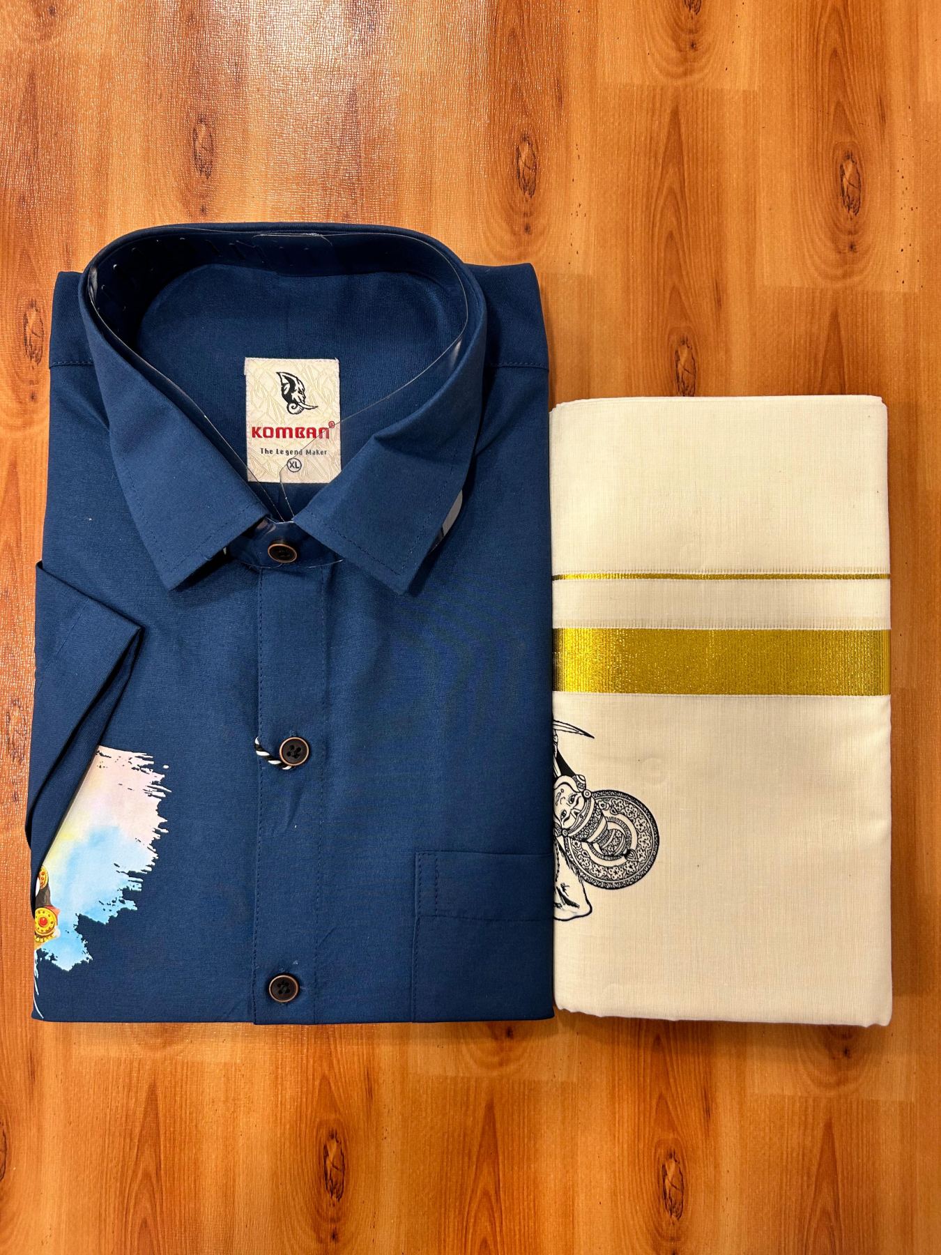 Combo Shirt Mund Mixed cotton - Half Sleeve - KaithariKada - 1 inch Gold Kasav Kara & Kathakali Printed Blue Shirt - 13 KK7052 KUT