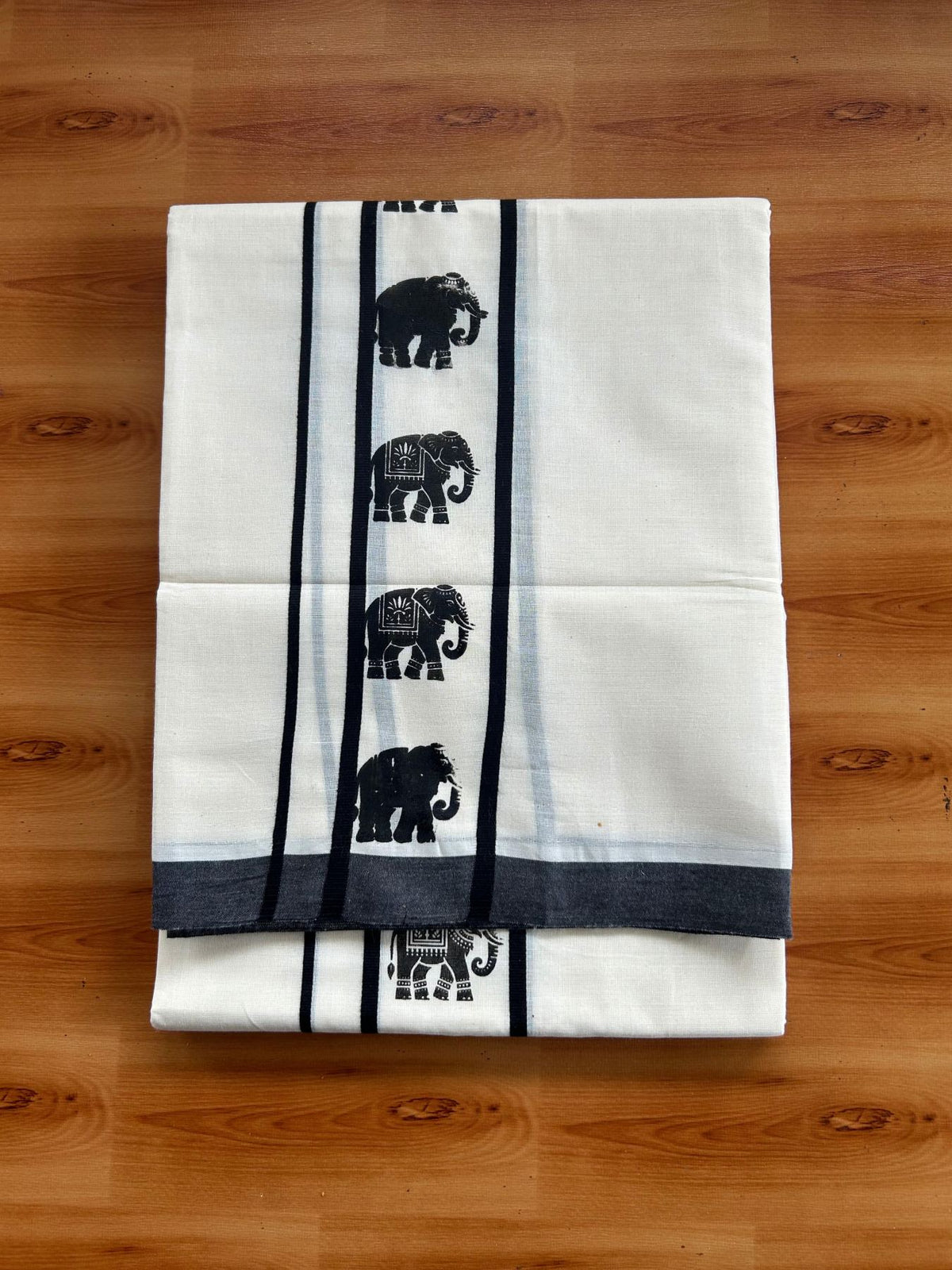 Double Off White (Unbleached) Mundu/Dhoti - 20% Discount! KaithariKada Pulimood 100% Cotton 80x72 - 2.5 inch Black Elephant Printed Design Kara - 4 mtr (8.5 muzham) - 30 KK5553 STH