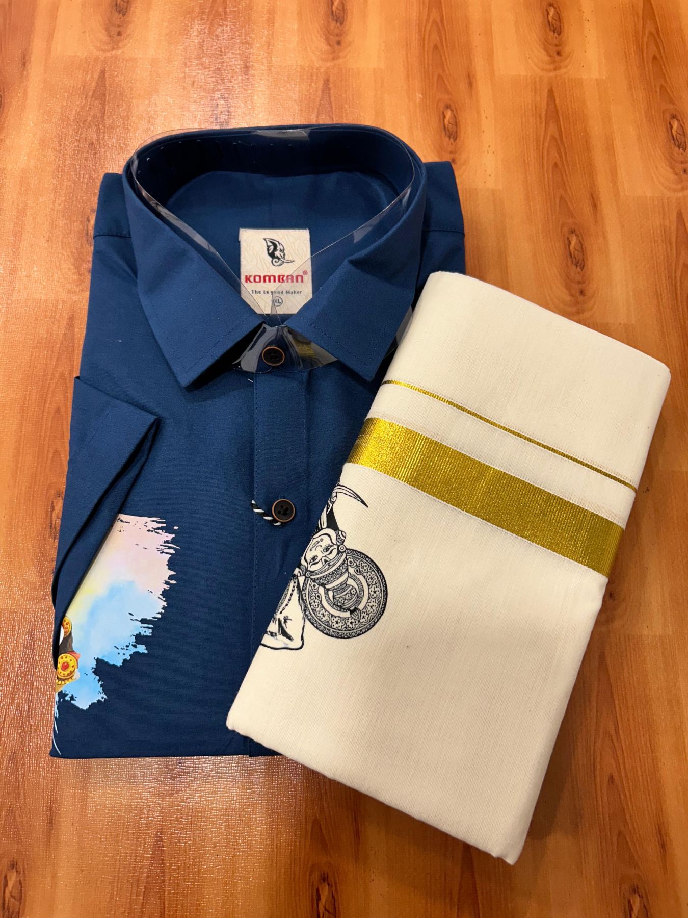 Combo Shirt Mund Mixed cotton - Half Sleeve - KaithariKada - 1 inch Gold Kasav Kara & Kathakali Printed Blue Shirt - 13 KK7052 KUT