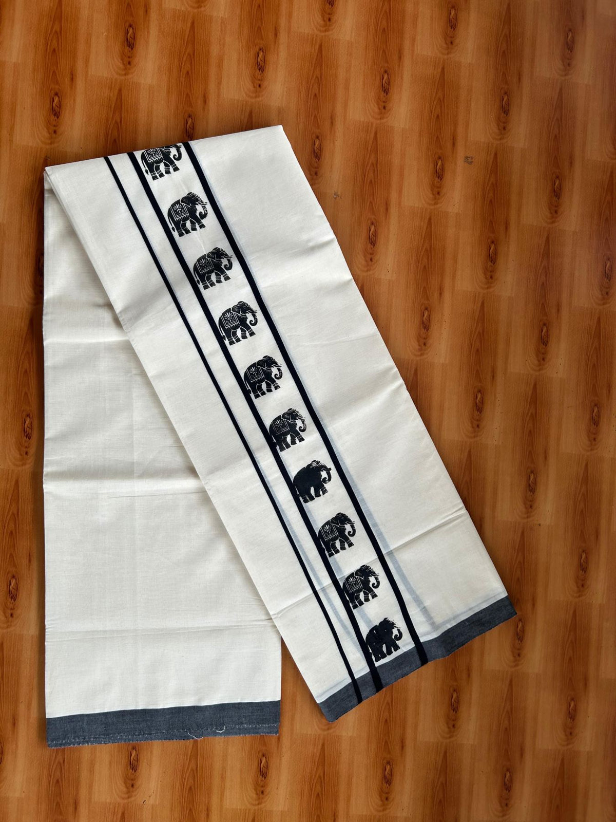 Double Off White (Unbleached) Mundu/Dhoti - 20% Discount! KaithariKada Pulimood 100% Cotton 80x72 - 2.5 inch Black Elephant Printed Design Kara - 4 mtr (8.5 muzham) - 30 KK5553 STH