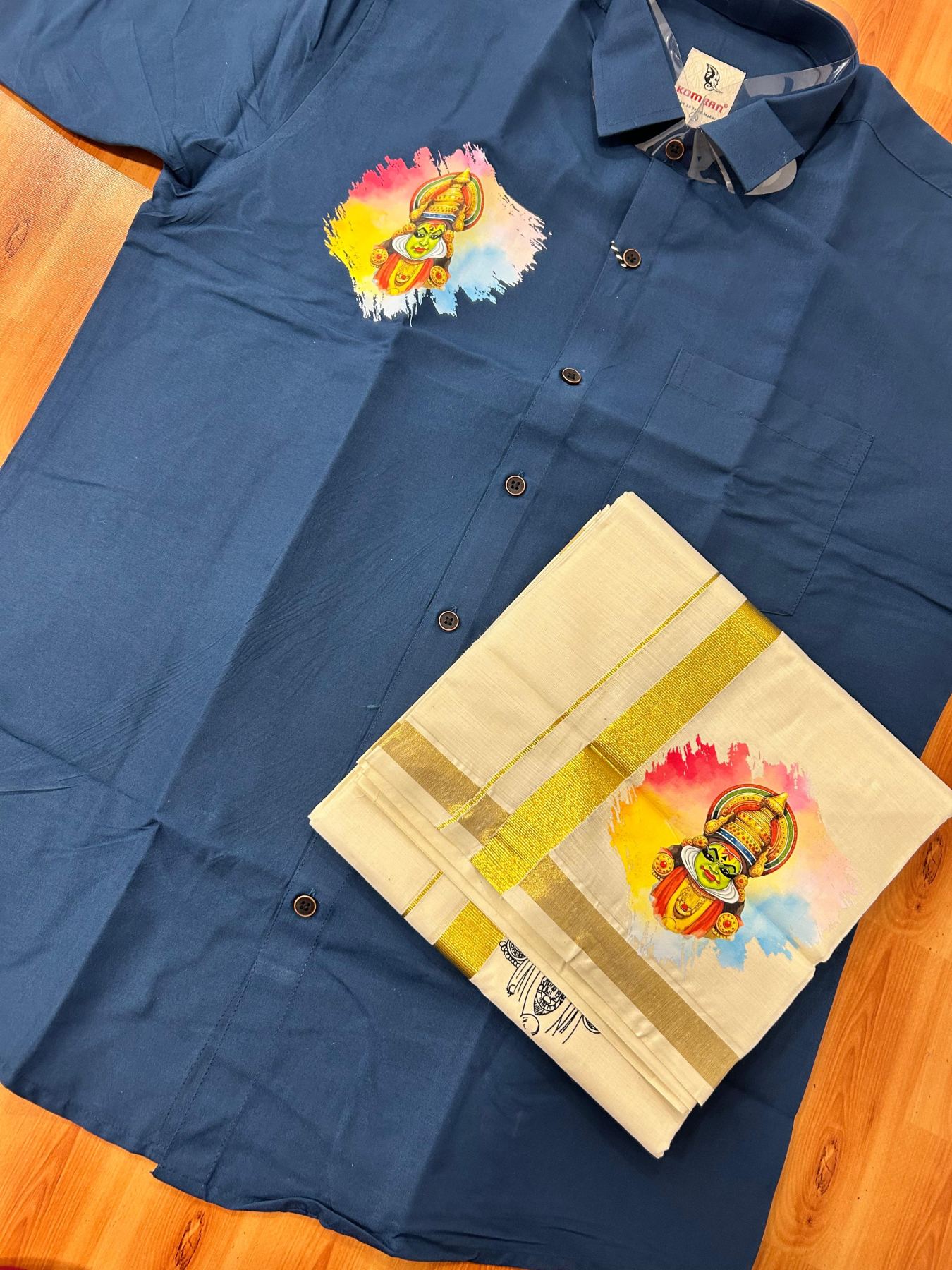 Combo Shirt Mund Mixed cotton - Half Sleeve - KaithariKada - 1 inch Gold Kasav Kara & Kathakali Printed Blue Shirt - 13 KK7052 KUT