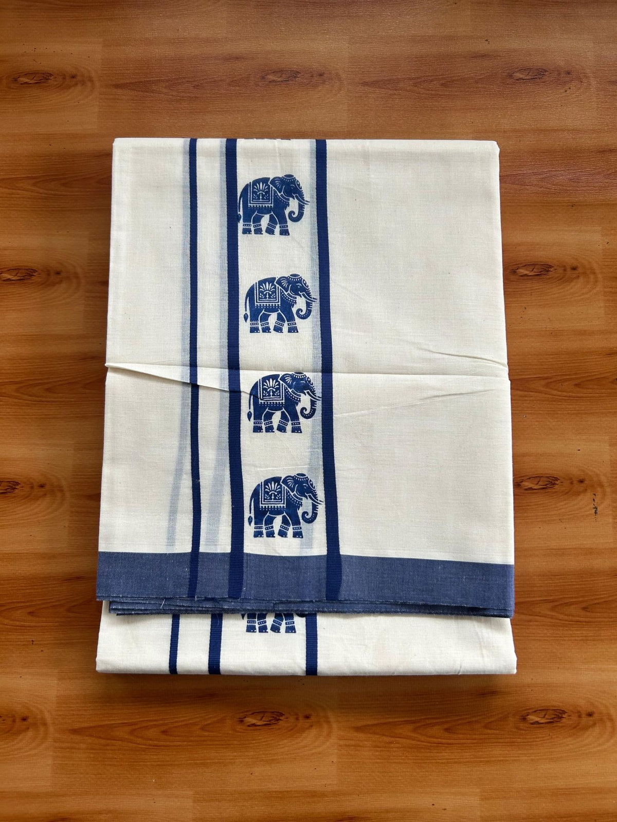 Double Off White (Unbleached) Mundu/Dhoti - 20% Discount! KaithariKada Pulimood 100% Cotton 80x72 - 2.5 inch Navy Blue Elephant Printed Design Kara - 4 mtr (8.5 muzham) - 31 KK5553 STH