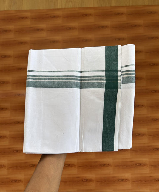Single Mundu/Dhoti  - Pure White - 29% Discount !! KaithariKada Balaramapuram 100% Cotton - Twisted 60s Thread -1 Inch Silver Kasav & Green Shaded Striped Kara (2 meter / 4 muzham) - 37 KK5393 GL