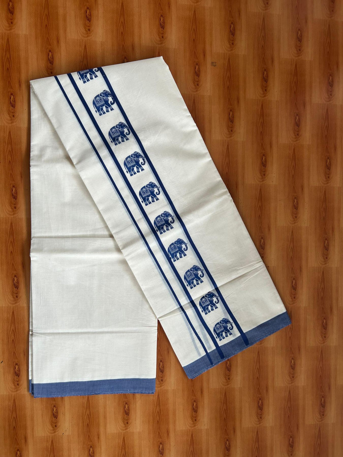Double Off White (Unbleached) Mundu/Dhoti - 20% Discount! KaithariKada Pulimood 100% Cotton 80x72 - 2.5 inch Navy Blue Elephant Printed Design Kara - 4 mtr (8.5 muzham) - 31 KK5553 STH