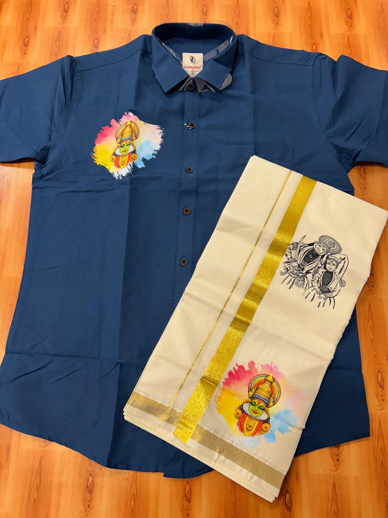 Combo Shirt Mund Mixed cotton - Half Sleeve - KaithariKada - 1 inch Gold Kasav Kara & Kathakali Printed Blue Shirt - 13 KK7052 KUT
