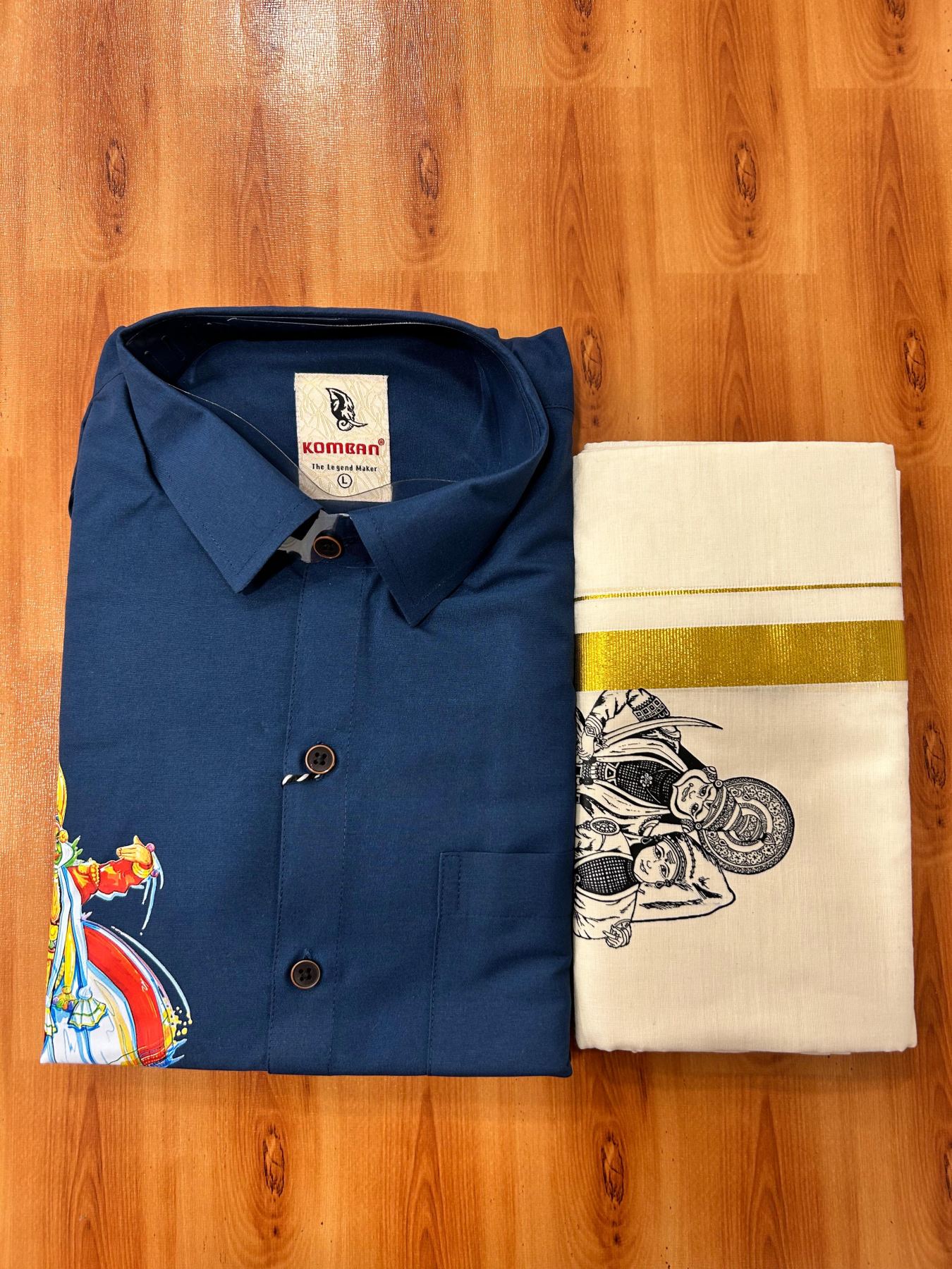 Combo Shirt Mund Mixed cotton - Full Sleeve - KaithariKada - 1 inch Gold Kasav Kara & Kathakali Printed Design Blue Shirt - 1 KK7052 KUT