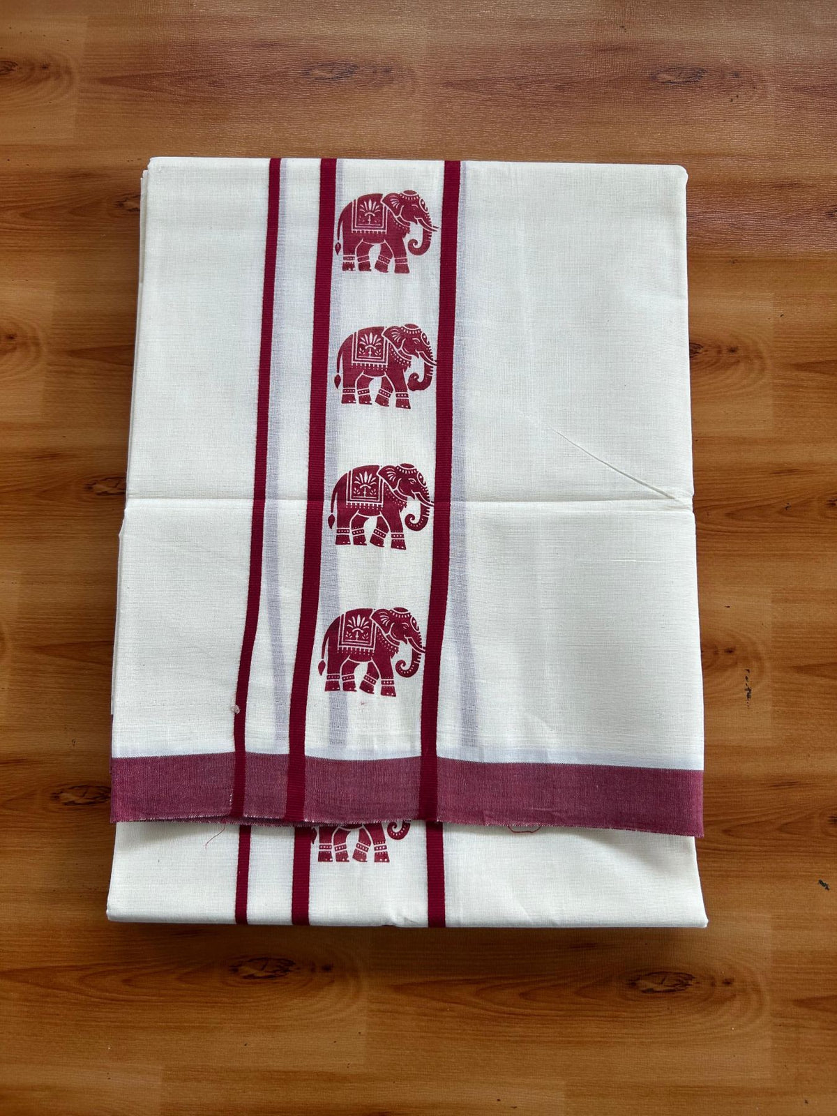 Double Off White (Unbleached) Mundu/Dhoti - 20% Discount! KaithariKada Pulimood 100% Cotton 80x72 - 2.5 inch Maroon Elephant Printed Design Kara - 4 mtr (8.5 muzham) - 32 KK5553 STH