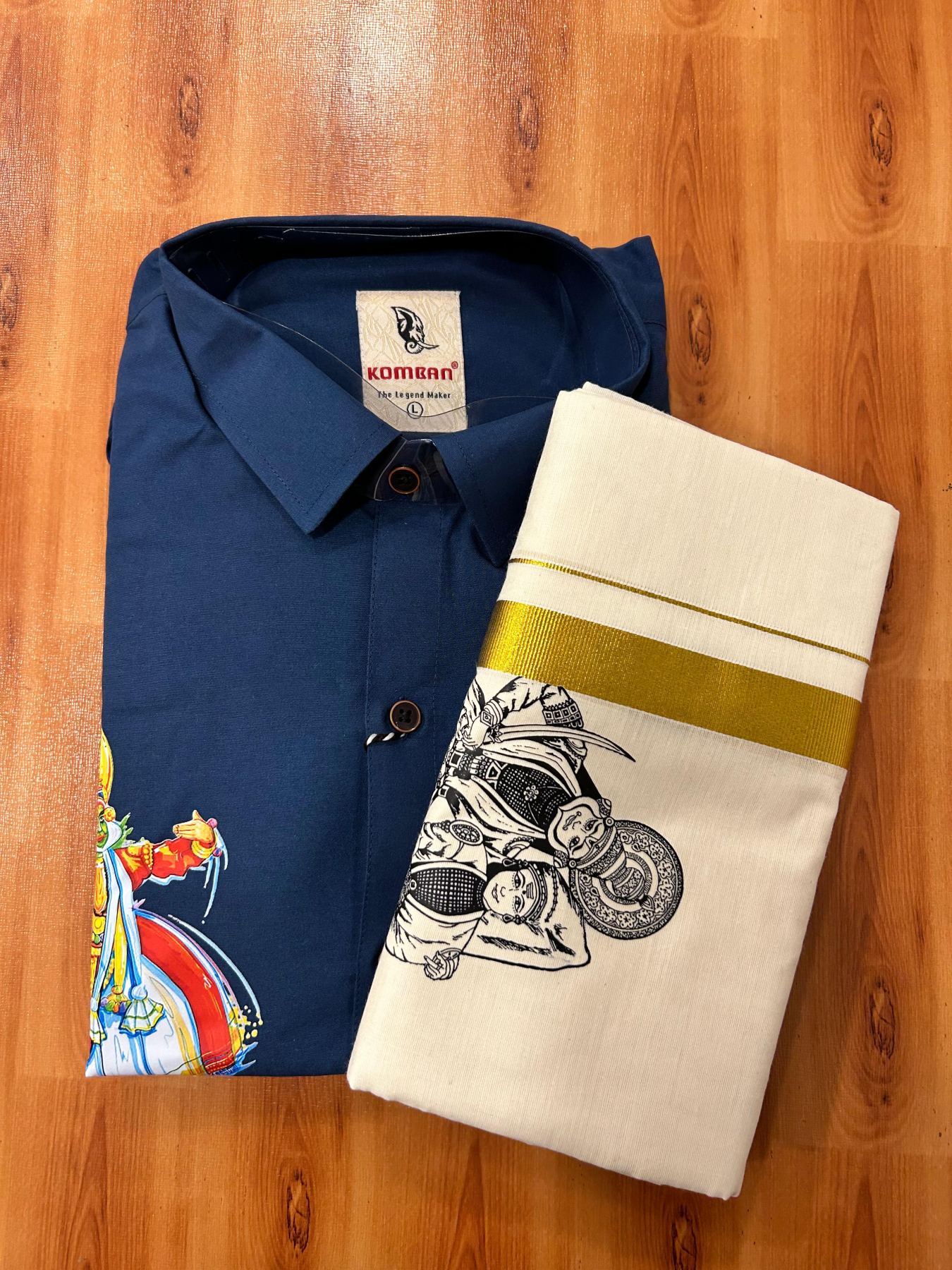 Combo Shirt Mund Mixed cotton - Full Sleeve - KaithariKada - 1 inch Gold Kasav Kara & Kathakali Printed Design Blue Shirt - 1 KK7052 KUT