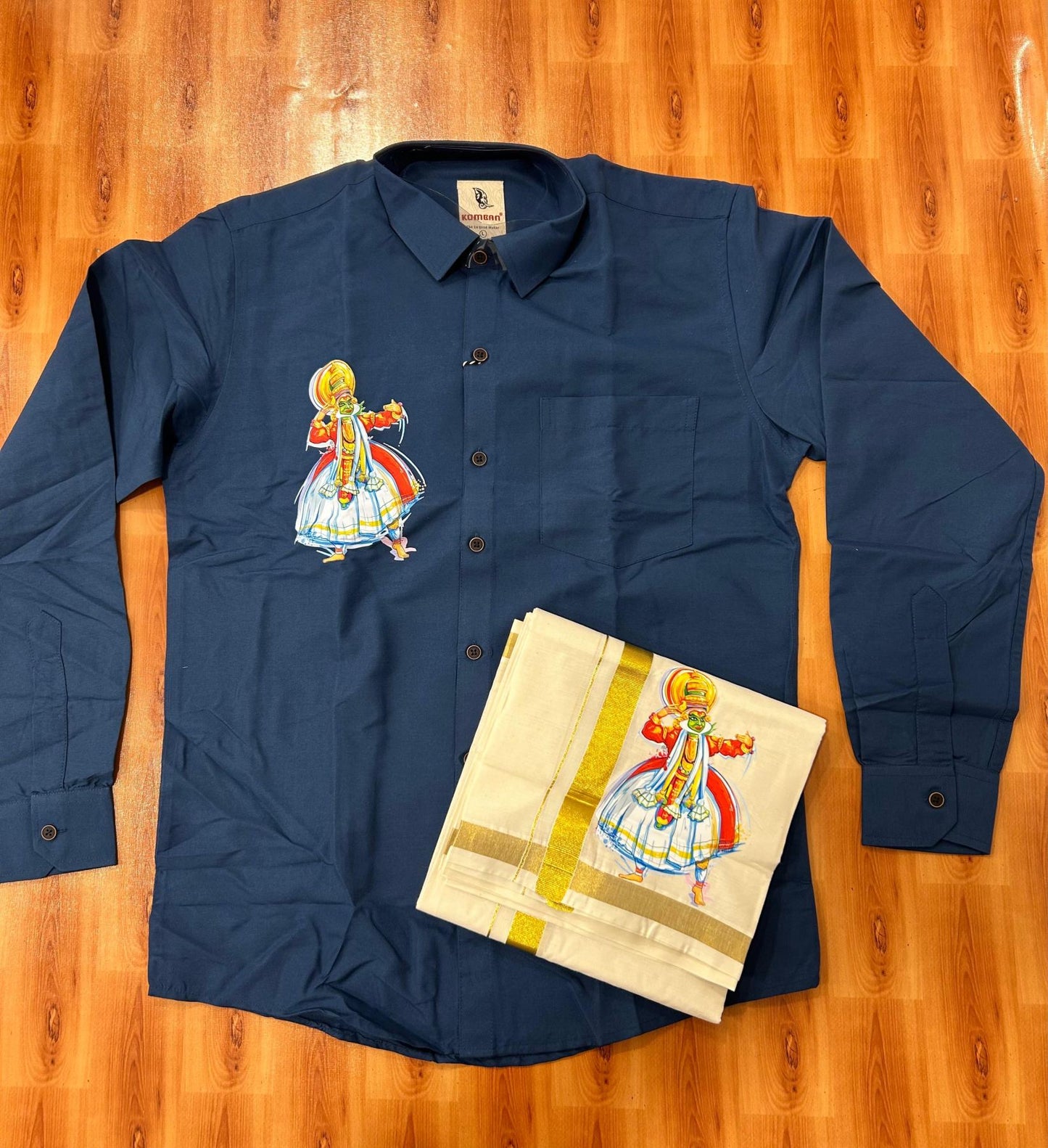 Combo Shirt Mund Mixed cotton - Full Sleeve - KaithariKada - 1 inch Gold Kasav Kara & Kathakali Printed Design Blue Shirt - 1 KK7052 KUT