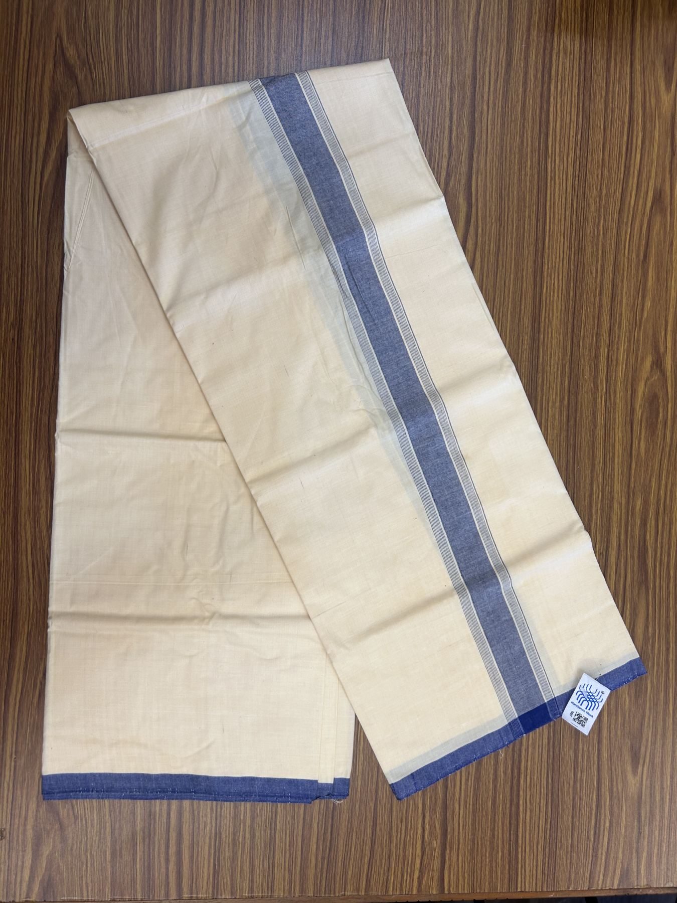 Kannur Kavi Dhoti - KaithariKada Kerala Handloom Single Mundu/Dhoti - 100% Pure Cotton 2/80x2/80s Thread - Kannur Light Yellow colour Body 2 inch Blue Striped Kara - 6KK5333 KAL