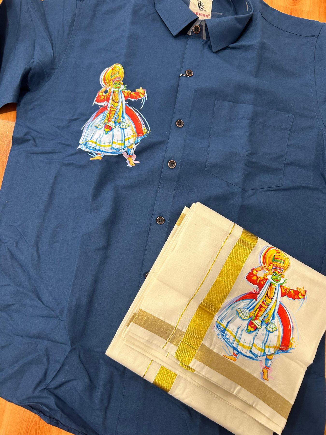 Combo Shirt Mund Mixed cotton - Full Sleeve - KaithariKada - 1 inch Gold Kasav Kara & Kathakali Printed Design Blue Shirt - 1 KK7052 KUT